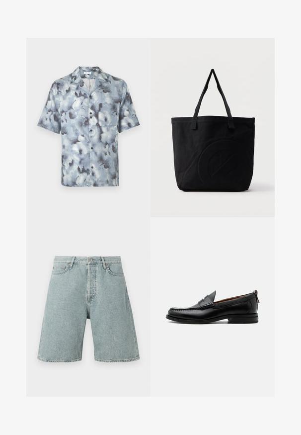 Korte mouwen overhemd met knopen, spreidkraag en borstzak, in een blauw-grijs abstract wolkenpatroon.; Lichtblauwe denim shorts met een relaxed fit, vijf zakken en een knoopsluiting. Verweerde textuur met zichtbare stikdetails.; Zwarte leren herensloffen met moc toe stiksel, pennyriem, gestructureerde kraag en lage gestapelde hak op witte achtergrond.; Zwarte canvas tas met twee schouderbanden en een subtiel, ingebosseleerd cirkelvormig ontwerp aan de voorkant.