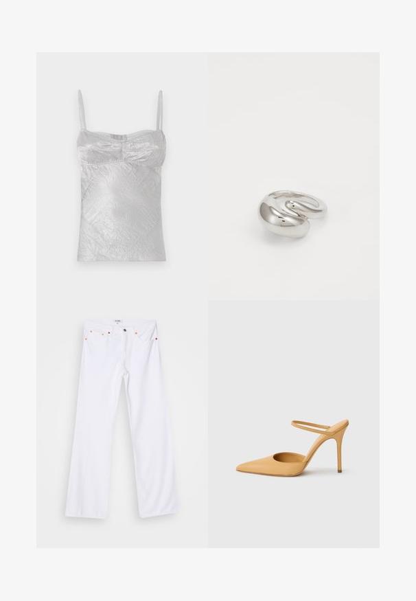 Sølv satin camisole med tynde stropper, krøllet tekstur og tætsiddende form. Har buede sømme og en rund halsudskæring.; Hvide denim flared jeans med orange syninger, fem lommer og metallukning. Overfladen har en glat, let struktureret finish.; Beige spidse stilettohæle med en tynd ankelrem på en hvid baggrund.; Skulpturel sølvring med en glat, reflekterende overflade, der har et snoet design, som danner en abstraheret form.