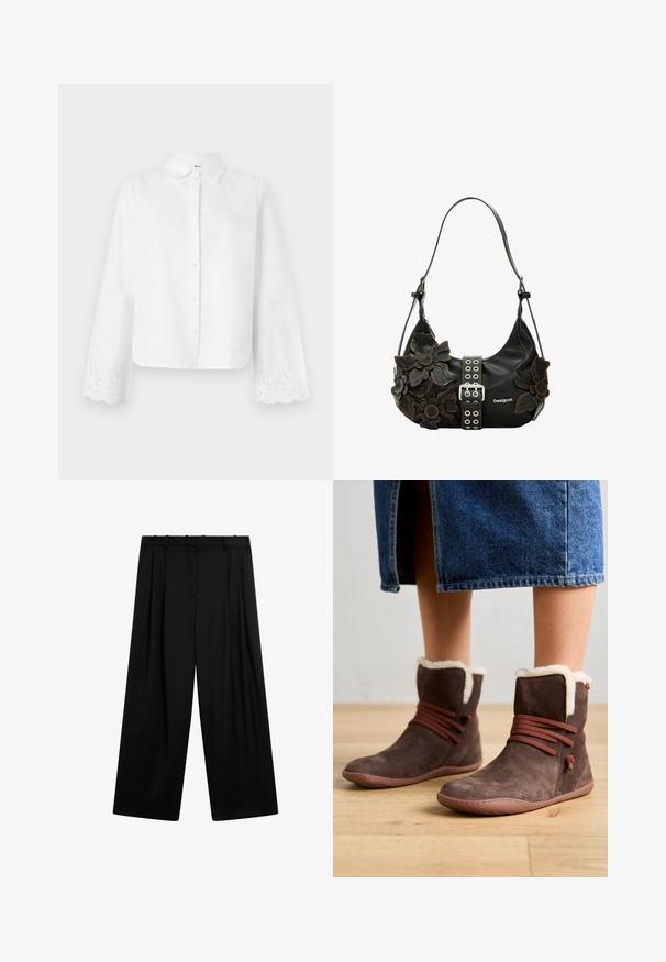 Chemise blanche à boutons avec col pointu, manches longues aux bords festonnés et motifs floraux brodés aux poignets.; Pantalon noir à jambes larges avec plis avant, passants de ceinture et une ceinture plate, présenté sur un fond blanc.; Bottines en daim marron avec doublure en fausse fourrure crème, lacets marron et semelle flexible, associées à une jupe en denim. Design simple et fonctionnel.; Sac à main en cuir noir orné de décorations florales en relief, d'une boucle argentée et d'œillets métalliques décoratifs. Sangle réglable.