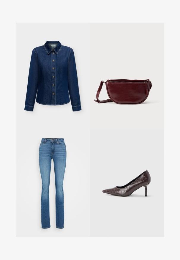Mørkeblå denim langærmet skjorte med knapper foran og krave, synlige syninger og mærkelabel inde i nakkestykket.; Blå denim jeans med et flagrende ben design, der har en mellem-højde talje, en lynlås og subtil falming over stoffet.; Brune kunstlæder stiletter med spidse tæer og krokodilletekstur, der har en slank, vinklet hæl og en glat inderside.; Vinrød læderhåndtaske med halvmåneform, lynlås og aftagelig rem. Glat tekstur med en subtil glans.