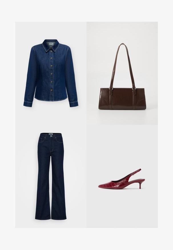 Mørkeblå denim langærmet skjorte med knapper foran og krave, synlige syninger og mærkelabel inde i nakkestykket.; ONLY Tall ONLJUICY WIDE RINSE - Wide leg - dark blue denim; Bordeaux læder slingback pumpe med krokodillestruktur, spidse tæer, justerbar spænde rem og lav kitten hæl på en hvid baggrund.; Brun lakeret håndtaske med rektangulær form, to lange håndtag og subtile buede detaljer på fronten.