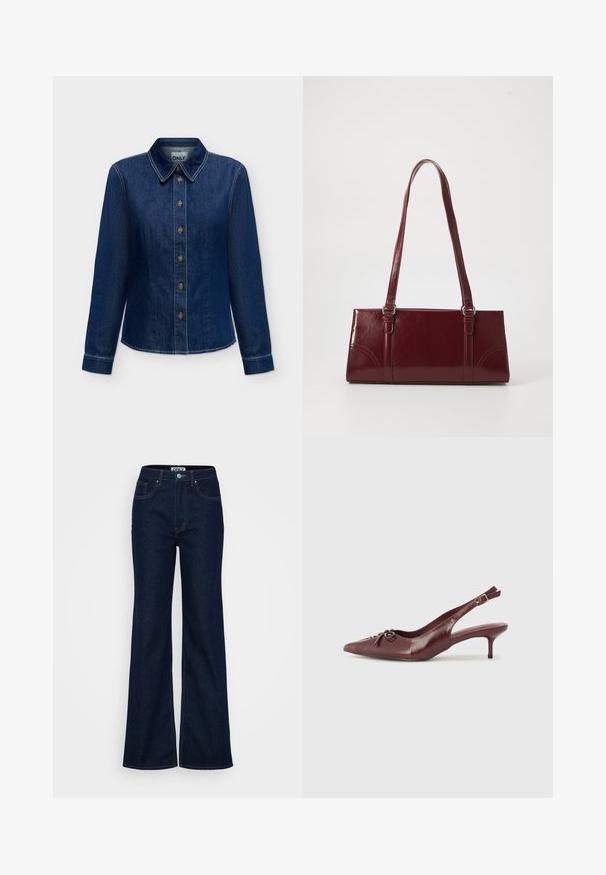 Mørkeblå denim langærmet skjorte med knapper foran og krave, synlige syninger og mærkelabel inde i nakkestykket.; ONLY Tall ONLJUICY WIDE RINSE - Wide leg - dark blue denim; Bordeaux læder slingback hæl med spidse tå, justerbar rem og dekorativ sløjfedetalje foran. 7,5 cm hælhøjde.; Bordeaux håndtaske lavet af glansfuldt materiale, rektangulær form, med to skulderremme og subtile buede detaljer på forsiden.