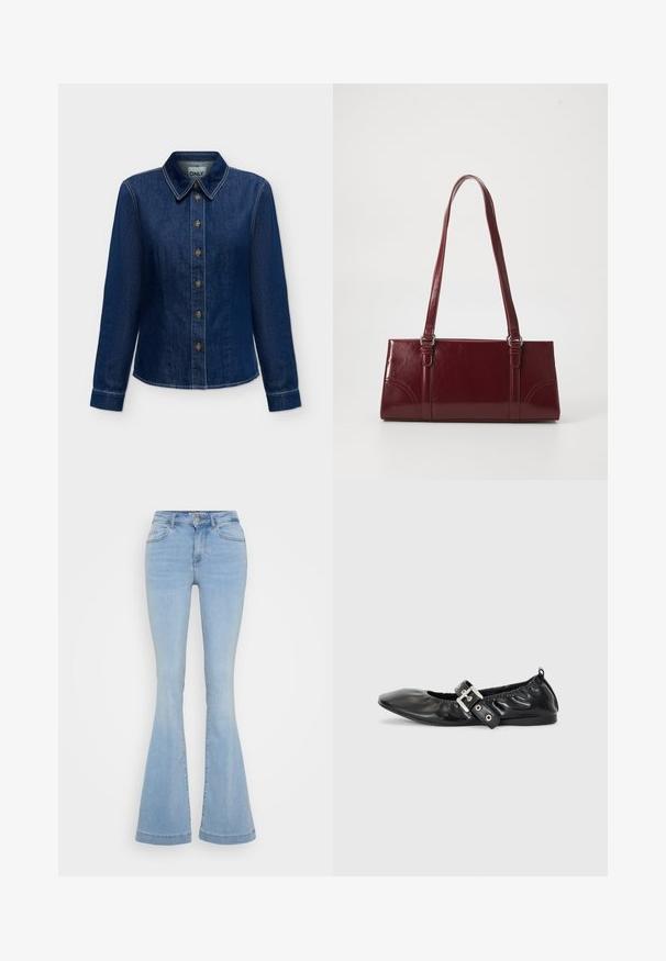 Dunkelblaues Denim-Hemd mit langen Ärmeln, Knopfleiste vorne und Kragen, sichtbaren Nähten und Markenlabel innen am Kragen.; Hellblaue Schlagjeans aus Denim, mit hoher Taille, fünf Taschen und kontrastierenden Nähten entlang der Säume.; Schwarze Leder-Ballerinas mit spitzem Zehenbereich, gerafften Details am Schaft und einem silbernen Schnallenakzent am verstellbaren Riemen.; Burgunderfarbene Handtasche aus glänzendem Material, rechteckige Form, mit zwei Schulterriemen und subtilen, geschwungenen Akzenten an der Vorderseite.