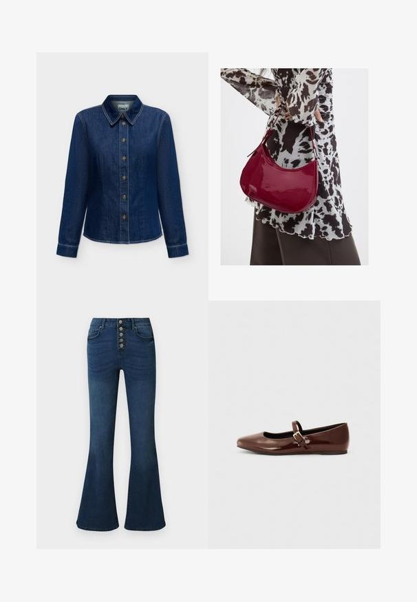 Chemise en denim bleu foncé à manches longues avec boutons sur le devant et col, coutures visibles et étiquette de marque à l'intérieur de l'encolure.; Jeans évasés en denim bleu foncé avec une taille haute et une fermeture à cinq boutons sur le devant. Texture lisse avec un léger délavage et des détails de couture subtils.; Ballerine en cuir verni marron avec un bout carré et une lanière ornée d'une petite boucle dorée. Texture lisse, talon bas et design minimaliste.; Femme portant un chemisier à motif noir et blanc tenant un sac à main rouge brillant sur un fond uni.