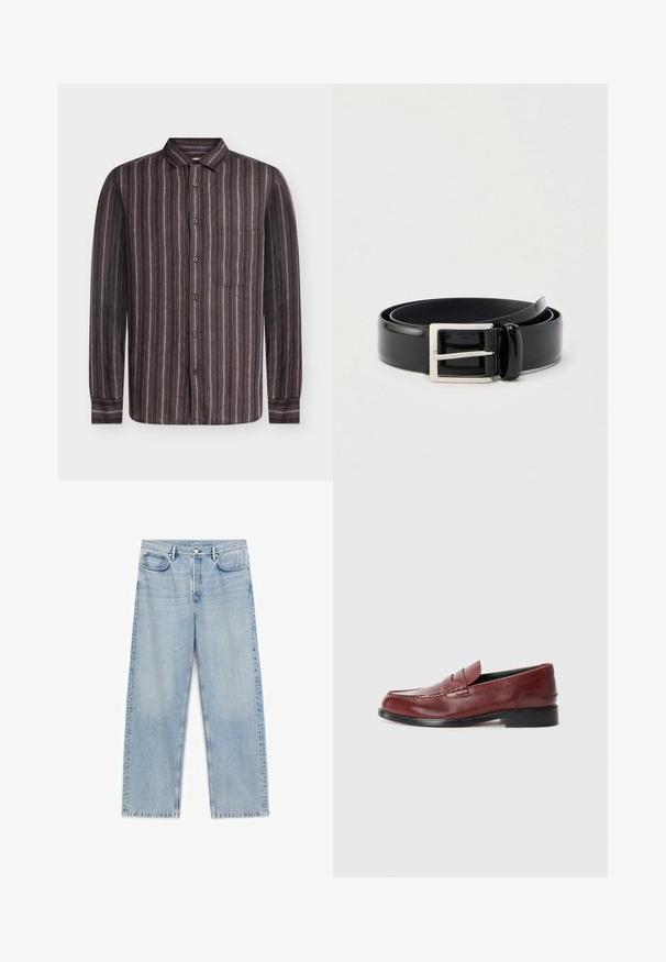 Samsøe Samsøe RYAN - Skjorter - regal orchid st.; Lyseblå jeans med lige ben, for- og baglommer, bæltestropper samt knap- og lynlåslukning.; Burgunderfarvet læder loafer med en glat finish, dekorativ søm og en rund tå. Har en lav sort hæl.; Rullet sort blankt læderbælte med en sølvfarvet rektangulær metalspænde på en ensfarvet lys baggrund.