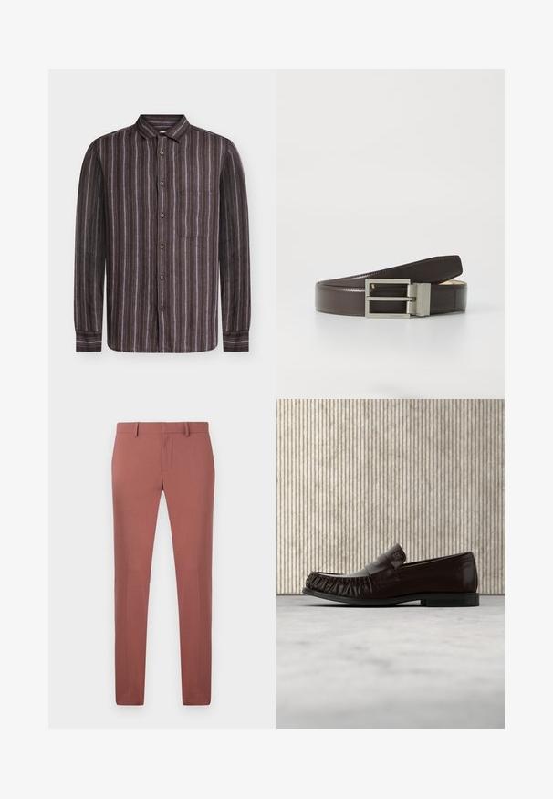 Samsøe Samsøe RYAN - Camisa - regal orchid st.; Pantalones a medida en color rojo ladrillo, fabricados con una tela suave, con un corte recto, cinturas con presillas y un cierre frontal de cremallera con botón.; Mocasín de cuero marrón oscuro con detalles cosidos, flotando sobre una alfombra beige, con una mesa redonda brillante de color ámbar en el fondo.; Cinturón de cuero marrón con una textura suave, hebilla rectangular de metal plateado y una sutil marca en la correa.