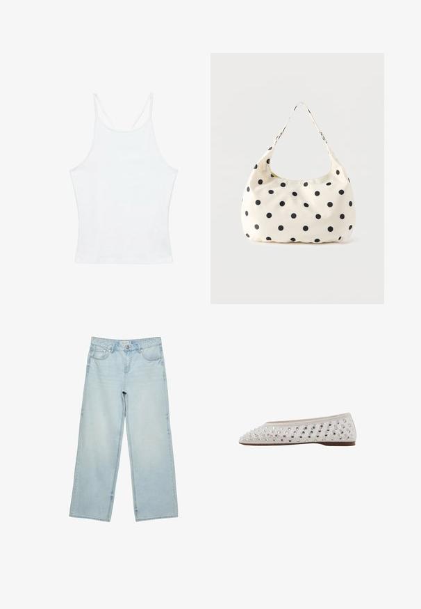 Hvid ærmeløs tanktop med tynde dobbelte skulderstropper og en lige udskæring på ensfarvet baggrund.; Lyseblå vidde jeans med forlommer, bæltestropper og knaplukning, lagt fladt på en hvid baggrund.; Balletflad i cremefarvet stof med sølvfarvede palietter arrangeret i et prik mønster, rund tå og lav brun sål. Tekstureret overdel for ekstra detalje.; Håndtaske i cremefarvet stof med sorte polkaprikker og en enkelt skulderrem, vist mod en ensfarvet hvid baggrund.