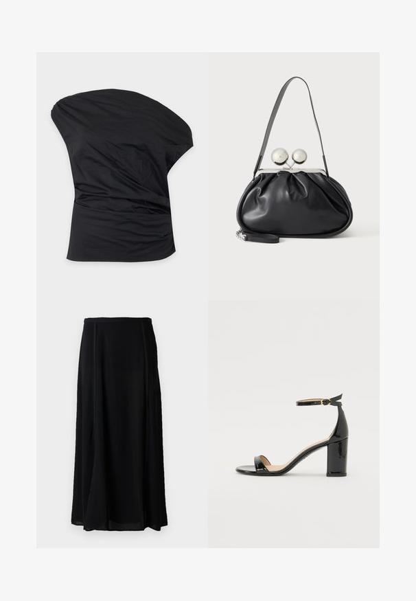 Zwarte asymmetrische one-shoulder top met zachte plooien aan de zijkant, gemaakt van gladde stof.; Zwarte maxi rok van lichtgewicht materiaal, met een vloeiende uitstraling, in een effen zwarte kleur, en subtiele zijnaaddetails.; Zwarte lakleren sandalen met hoge hak, enkelriem en gouden gesp, open teen en blokhak op witte achtergrond.; Zwarte leren handtas met een geplooid ontwerp, een enkele schouderband, zilverkleurige metalen omlijsting en twee grote ronde zilveren sluitingen.