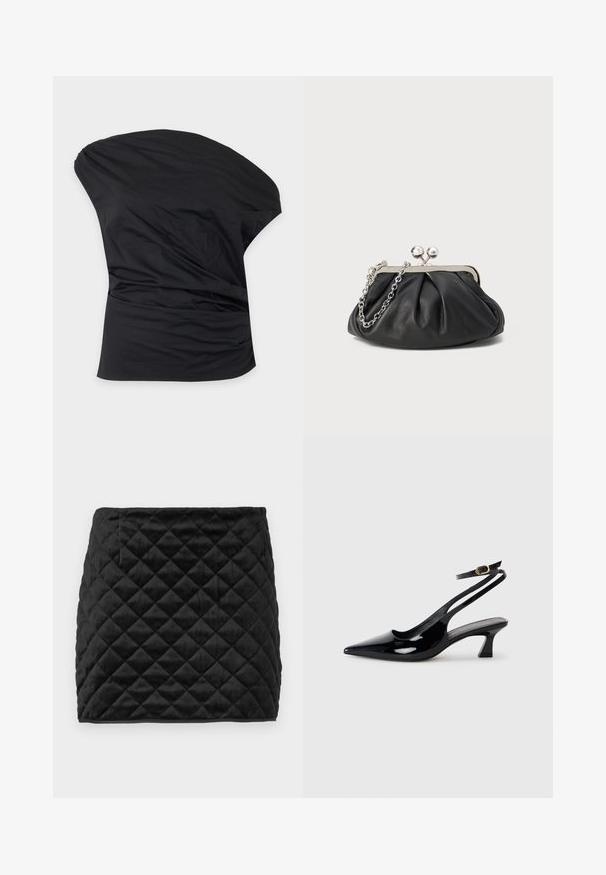 Top asymétrique noir à une épaule avec des fronces douces sur le côté, en tissu lisse.; Jupe mini matelassée noire en tissu doux, avec un motif en losanges, coupe droite et poche latérale dissimulée.; Escarpins à brides arrière en cuir verni noir, à bout pointu, avec un petit talon carré et une sangle de cheville ajustable dotée d'une boucle dorée.; Porte-monnaie en cuir noir avec texture froncée, cadre en métal argenté, fermeture à verrouillage kiss-lock et bandoulière en chaîne. Surface lisse et douce.