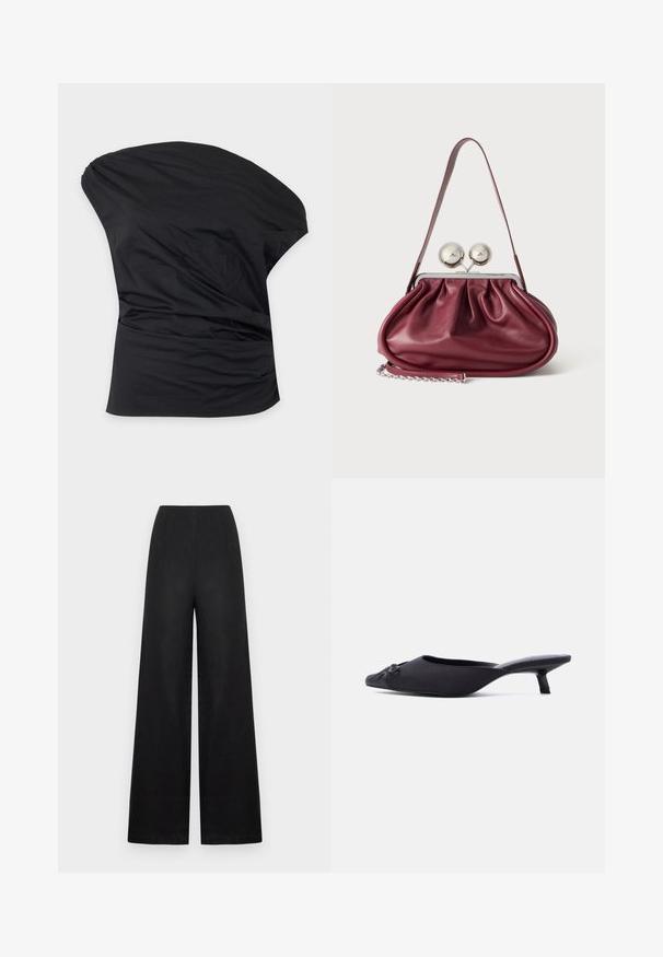 Top asymétrique noir à une épaule avec des fronces douces sur le côté, en tissu lisse.; Pantalon noir à jambes larges en lin avec une texture lisse, présentant une taille haute, des plis à l'avant, sans éléments ou accessoires visibles.; Mule pour femmes noires avec bout pointu, empeigne en tissu, petit talon bobine et un nœud décoratif à l'avant, présenté en profil latéral.; Petit sac à main en cuir bordeaux avec des détails froncés, une fine bandoulière et une fermeture argentée comportant deux gros boutons ronds.