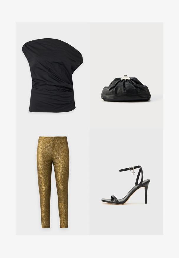 Top negro asimétrico de un solo hombro con suaves fruncidos en el lateral, hecho de tela suave.; Leggings metálicos dorados con un patrón de rayas verticales texturizadas. La tela tiene un acabado brillante y una silueta ajustada y esbelta.; Sandalia de tacón alto negra con una estrecha correa en el tobillo, punta cuadrada, material de cuero liso y detalle de hebilla metálica.; Bolso de mano de cuero negro con textura recogida, cierre de broche metálico y logo en relieve sutil en el frente. Forma redondeada.