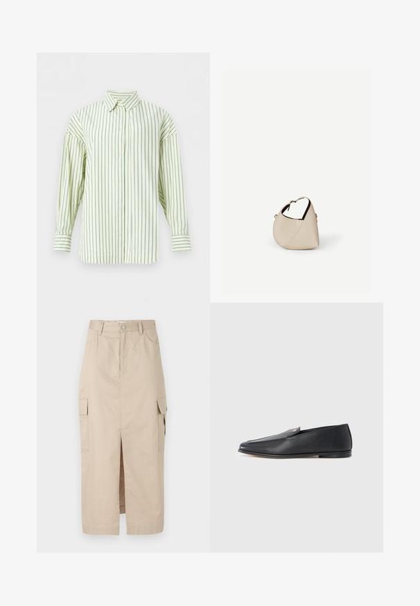 Chemise crème à manches longues avec fines rayures verticales bleues, fermeture avant à boutons et col pointu, présentée sur un fond blanc.; Jupe cargo beige en coton, dotée d'une fente devant, de poches plaquées sur les côtés et d'une fermeture à bouton à la taille. Texture lisse sur l'ensemble.; Mocassins en cuir noir à texture lisse, bout arrondi et détails de couture subtils. Ils présentent un accent logo doré sur le côté supérieur.; Sac à main en cuir beige en forme de croissant avec une seule bandoulière et des coutures minimalistes, posé sur un fond blanc uni.