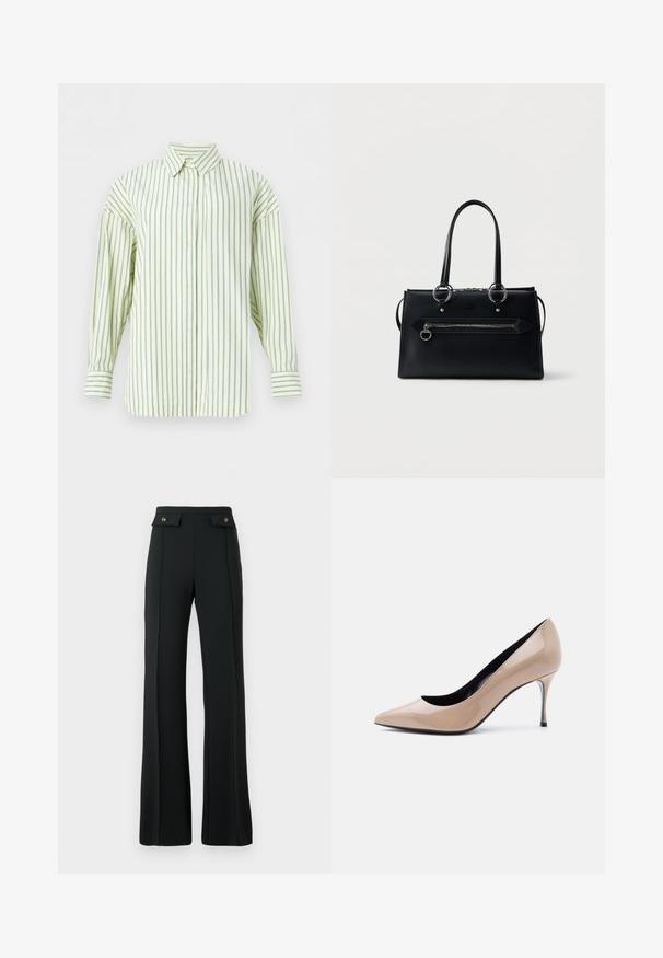 Chemise crème à manches longues avec fines rayures verticales bleues, fermeture avant à boutons et col pointu, présentée sur un fond blanc.; Pantalons évasés noirs taille haute avec des détails de couture à l'avant et deux poches à rabat à bouton doré à la taille.; Chaussure à talon haut pointu en cuir verni beige avec talon aiguille fin et doublure intérieure noire sur fond blanc.; Sac à main en cuir noir rectangulaire avec deux poignées supérieures, poche avant zippée munie d'un anneau de traction, et logo embossé discret au-dessus de la poche.