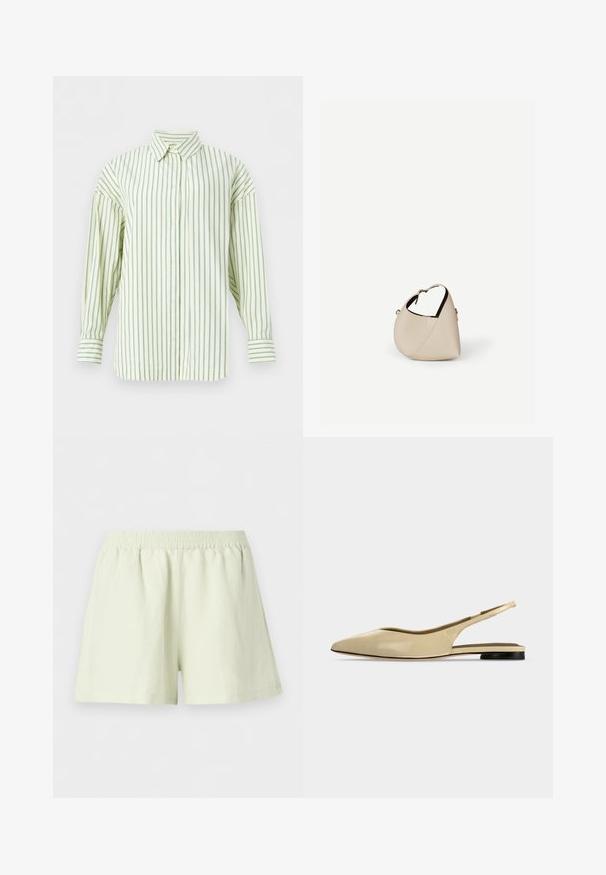 Chemise crème à manches longues avec fines rayures verticales bleues, fermeture avant à boutons et col pointu, présentée sur un fond blanc.; Shorts à taille élastique beige clair, coupe ample et design uni, présentés sur fond blanc.; Chaussure plate beige à bout pointu avec bride arrière, petit talon noir et finition en cuir lisse, vue de côté sur un fond uni.; Sac à main en cuir beige en forme de croissant avec une seule bandoulière et des coutures minimalistes, posé sur un fond blanc uni.