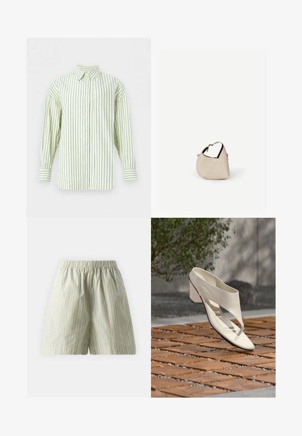 Camisa de manga larga color crema con finas rayas verticales azules, cierre de botones en la parte delantera y cuello puntiagudo, mostrada sobre un fondo blanco.; Pantalones cortos de algodón verde claro con rayas verticales blancas, cinturilla elástica y un ajuste suelto y relajado. Textura suave.; Sandalia de tacón de cuero blanco con una tira ancha y separador de dedos, mostrada al aire libre sobre una superficie de madera y baldosas de grava con vegetación al fondo.; Bolso de cuero beige en forma de media luna con una sola correa para el hombro y costuras mínimas, colocado sobre un fondo blanco liso.