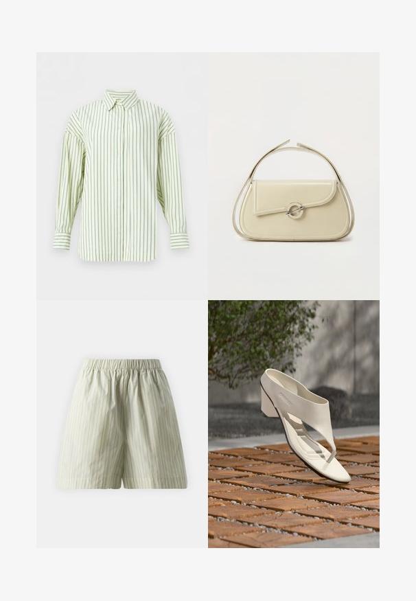 Chemise crème à manches longues avec fines rayures verticales bleues, fermeture avant à boutons et col pointu, présentée sur un fond blanc.; Shorts en coton vert clair présentant des rayures blanches verticales, une taille élastique et une coupe ample et décontractée. Texture lisse.; Sandale à talon en cuir blanc avec une large bride et un entre-doigts, exposée en extérieur sur une surface carrelée en bois et en gravier avec de la verdure en arrière-plan.; Sac à main en cuir crème avec rabat incurvé, fermoir circulaire en argent et poignée courte sur le dessus, sur fond blanc uni.