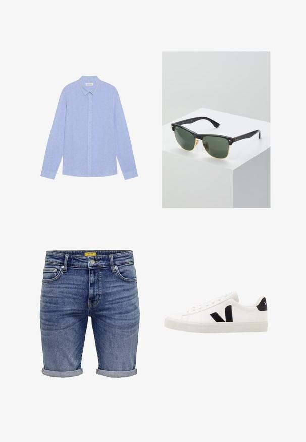 Hellblaues Langarmhemd aus Stoff mit einer subtilen Struktur, ausgestattet mit einem spitzen Kragen und durchgehender Knopfleiste. Mit Knöpfen versehene Manschetten.; Blaue Jeansshorts in mittlerem Blau. Verfügt über ein klassisches Fünf-Taschen-Design, aufgeschlagene Säume und dezente Ausbleichungen auf dem Stoff. Metallbeschläge inklusive.; Weiße Leder-Sneaker mit schwarzen Wildlederelementen; verfügen über eine Gummisohle, eine runde Spitze und ein klassisches Schnürdesign. Seitliches Logo in Schwarz.; Ray-Ban Sonnenbrillen mit grünen Gläsern, schwarzen Kunststoffrahmen und goldenen Akzenten an den Rändern. Quadratische Form mit matter Oberfläche.