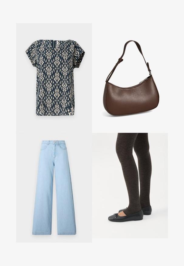 Mørkeblå kortærmet bluse med et cremefarvet blomster-damask mønster. Har en firkantet neckline og et diskret struktureret stof.; Lysblå bredbenede jeans lavet af denim, med høj talje, forlommer og rene sømme med minimal syning.; Ben iført mørke ribbede leggings kombineret med sorte balletsko med små sløjfedetaljer på hvid baggrund.; Lille brun skuldertaske i læder med justerbar rem og lynlåslukning, vist mod hvid baggrund. Ingen synligt branding eller dekorationer.