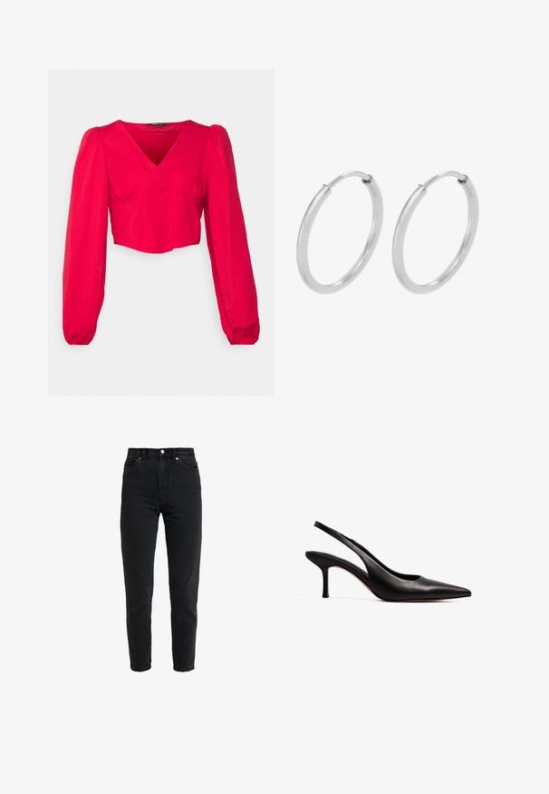 Gina Tricot Petite GRY BLOUSE - Bluse - ribbon red; High-waist sort denim jeans med forreste knap og lynlås, to forlommer og en tilspidset ben foran på en hvid baggrund.; NA-KD Pumps - black; Sølv hoops øreringe, cirkulær form, glat skinnende tekstur og ensartet bredde hele vejen igennem. Minimalistisk design uden yderligere accenter.