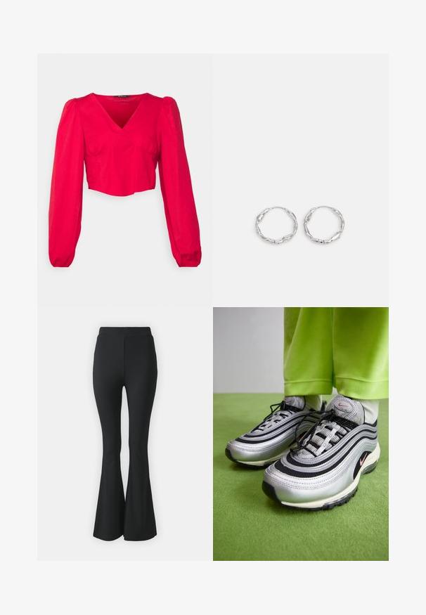 Gina Tricot Petite GRY BLOUSE - Bluse - ribbon red; Sorte buks med flared design lavet af strækbart stof. Har en høj talje og et glat, tætsiddende design, der flared ud fra knæet og ned.; Sølv- og sorte Nike Air Max 97 sneakers har et bølget design, mesh- og lædermaterialer, sorte snørebånd og et pink accentlogo.; Sølv hoops med en bølget, uregelmæssig tekstur. Har en tynd, cirkulær form og en reflekterende finish.
