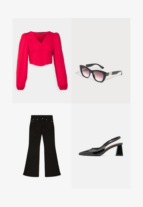Gina Tricot Petite GRY BLOUSE - Blouse - ribbon red; Zwarte flared jeans van katoen. Voorzien van een knoop- en ritssluiting, vijf zakken en hardware in zilverkleur. Gladde textuur.; Zwarte gepatineerde slingback hakken met een spitse neus, voorzien van een unieke geometrische blokhak en een gladde textuur. Verstelbare band voor ondersteuning.; Zwarte cat-eye zonnebril met roze verlooplegels en gouden decoratieve accenten op de pootjes, tentoongesteld op een lichte achtergrond.
