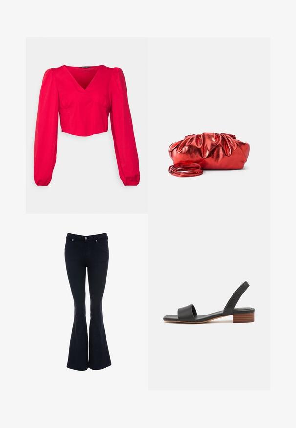 Gina Tricot Petite GRY BLOUSE - Bluse - ribbon red; Udstoppede mørkeblå jeans lavet af denim, med høj talje, fem-lomme design og knaplukning med sølv nitter.; Sort sandal med en bred forkantsrem og en stilren, justerbar ankelrem. Har en lav blokhæls og en glat læderfinish.; Rød metallisk håndtaske med en samlet, puffy design. Har en lang, tynd skulderrem og en glat, blank tekstur.