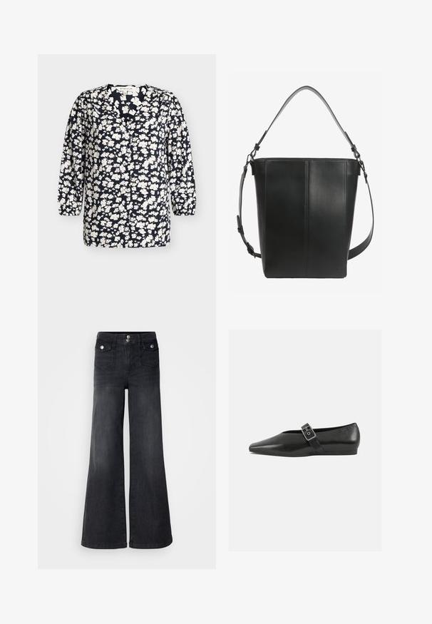 Blouse bleu marine avec motif floral blanc, col en V, manches longues avec poignets élastiques et fermeture boutonnée sur le devant, taille 36.; Jean large en denim noir avec taille haute, boutons sur le devant et deux poches avant ; texture lisse avec une légère finition décolorée.; Chaussure plate en cuir noir avec un orteil pointu, présentant une sangle à boucle métallique sur le cou-de-pied et une semelle basse et flexible.; Sac seau en cuir noir avec deux bretelles réglables et des détails de couture minimalistes sur un fond uni.