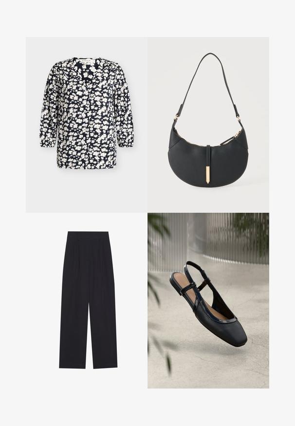 Blusa azul marino con estampado floral blanco, escote en V, mangas largas con puños elásticos y cierre delantero con botones, talla 36.; Pantalones anchos negros de tela suave, con pliegues, cinturilla plana y sin bolsillos ni adornos visibles.; Zapato plano de piel negra tipo slingback con punta cuadrada, que presenta un ribete brillante de charol y correas ajustables para un ajuste seguro.; Bolso negro en forma de media luna con una sola correa, cremallera dorada y una lengüeta decorativa rectangular dorada en la parte delantera.