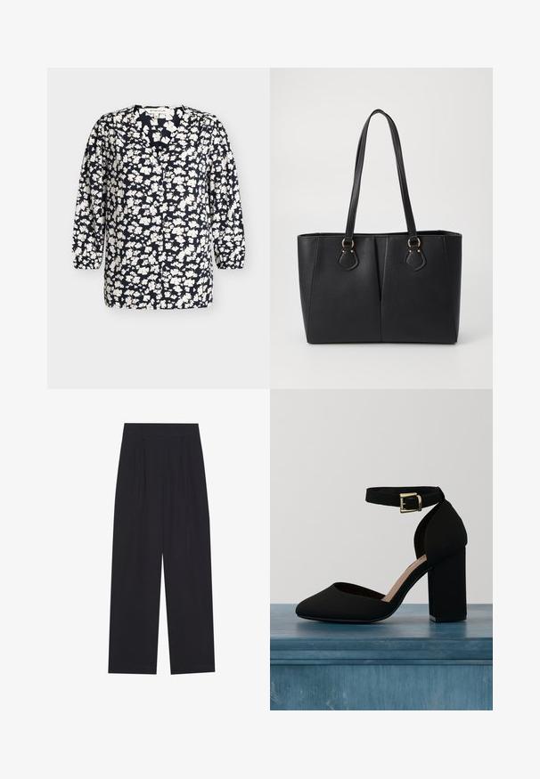 Marineblaue Bluse mit weißem Blumenmuster, V-Ausschnitt, langen Ärmeln mit elastischen Bündchen und durchgehender Knopfleiste, Größe 36.; Schwarze, weit geschnittene Hosen aus einem glatten Material, mit Falten, einem flachen Bund und ohne sichtbare Taschen oder Verzierungen.; Schwarzer Hochhackiger Schuh mit glatter Textur, spitzem Zehenbereich und dicker Blockabsatz. Mit einem Knöchelriemen und einer goldfarbenen Schnalle.; Schwarze Handtasche aus Kunstleder mit strukturierter Oberfläche, zwei langen Tragegriffen und goldfarbenen Hardware-Details an der Seite. Rechteckige Form.