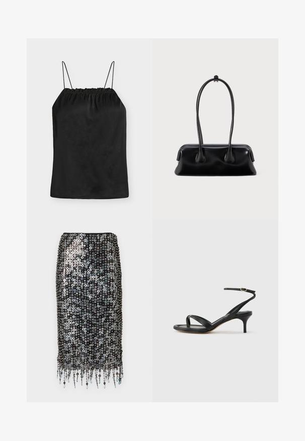 Sort satin camisole med tynde spaghettistropper og samlet elastisk halsudskæring, vist på en ensartet lys baggrund.; Sort palietnederdel med en tætsiddende silhuet, pyntet med cirkulære palietter og dekorative frynse detaljer ved kanten.; Sort damesandal i læder med tynde remme, en tå-loop, ankelspænde og en mellemhøj stiletthæl på en neutral baggrund.; Sort læderhåndtaske med to forlængede håndtag, en glat tekstur og en rund bund med dekorative detaljer på siderne.