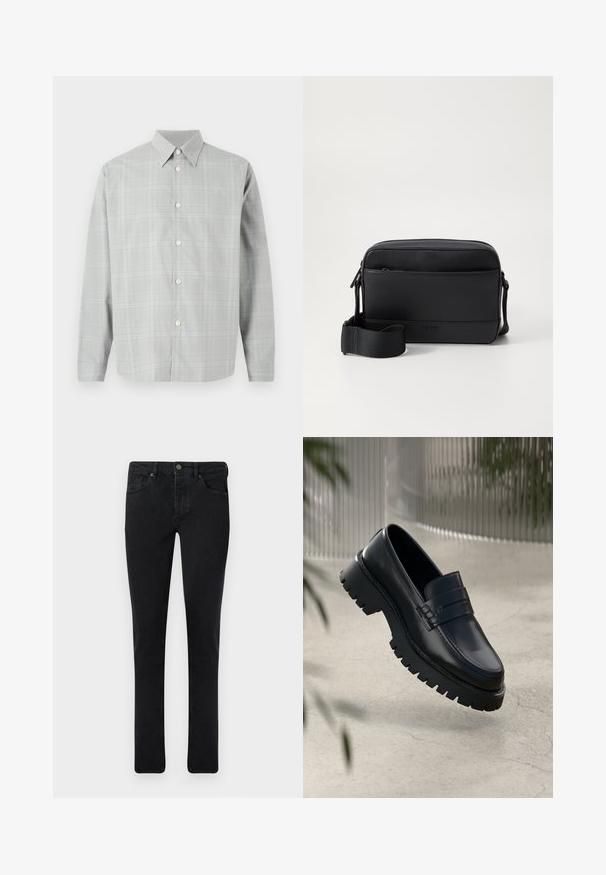 Grijze lange mouwen shirt met een licht geruit patroon, knopen aan de voorkant, puntige kraag en een gladde stofstructuur.; Donkerdenim jeans met een slim fit, vijf-pocket ontwerp en een metalen knoopsluiting. Glad oppervlak en uniforme kleur overal.; Zwarte leren instappers met een chunky loopzool, voorzien van een decoratieve band en stikseldetails. Gladde textuur met een gepolijste afwerking.; Zwarte schoudertas van soepel leer met een voorvak, ritssluiting en verstelbare stoffen schouderband. Merkenlogo is in de voorkant gedrukt.