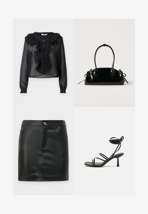 Blusa negra transparente con mangas largas, escote con volantes y placket delantero. Presenta detalles fruncidos y puños elásticos. Tela ligera.; Mini falda de imitación cuero negra con botones frontales, cierre de cremallera, bolsillos delanteros y traseros, y detalles de costura.; Sandalia negra de tiras con punta cuadrada, lazos ajustables en el tobillo y un tacón bloque delgado. Fabricada con un material suave y duradero.; Pequeño bolso negro brillante con dos asas largas y detalles de cordón lateral sobre un fondo claro liso.