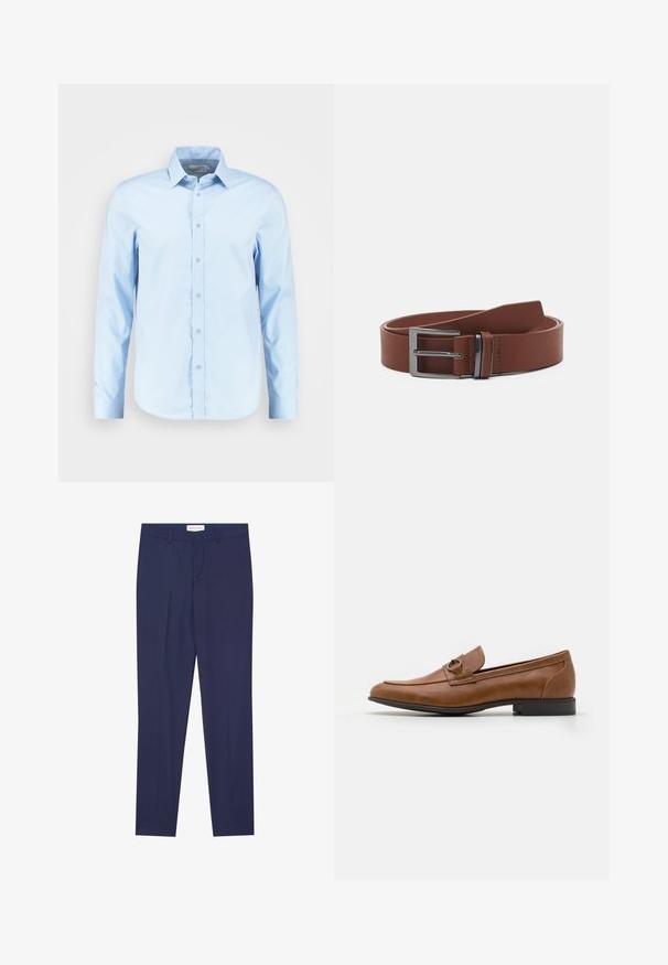 Chemise boutonnière à manches longues bleu clair en tissu lisse, avec un col pointu, une patte de boutonnage à l'avant et un ourlet arrondi.; Pantalons de costume navy en tissu lisse, dotés d'un devant plat, de deux poches latérales, d'une fermeture éclair et d'un ourlet net sans motifs ni accents.; Mocassins en cuir marron avec un talon plat, ornés d'un accent métallique décoratif à l'avant, au design épuré et à la texture lisse.; Ceinture en cuir marron avec une texture lisse, dotée d'une boucle en métal argenté et d'un design minimaliste. La ceinture a une extrémité arrondie et des coutures précises.