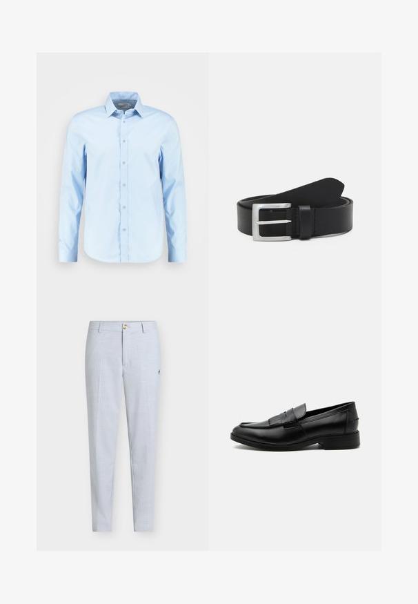 Chemise boutonnière à manches longues bleu clair en tissu lisse, avec un col pointu, une patte de boutonnage à l'avant et un ourlet arrondi.; Pantalon bleu clair en tissu texturé, présentant une coupe droite, une fermeture à boutons et un petit motif brodé sur le côté.; Mocassin homme en cuir noir avec détail pompon, bout arrondi, talon bas et finition polie lisse, montré de profil sur fond blanc.; Ceinture en cuir noir avec une texture lisse, boucle rectangulaire en argent et une boucle pour l'extrémité. Présente des coutures soignées le long des bords.