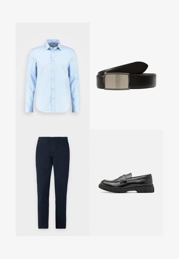 Helles blaues Langarm-Hemd mit Knopfleiste, aus glattem Stoff gefertigt, mit spitzem Kragen, Vorderknopfleiste und abgerundetem Saum.; Herren Slim-Fit schwarze Hose mit vorderem Knopf- und Reißverschluss, Gürtelschlaufen und Seitentaschen.; Schwarze Lederloafer mit einem breiten Riemen über dem Rist, Gummisohle mit dicken Profilen und glatter Textur. Klassisches, schlankes Design.; Schwarzer Leder-Gürtel mit breitem Riemen und einer rechteckigen, gebürsteten Metallschnalle, die eine glatte Oberfläche und ein kleines Logodetail aufweist.