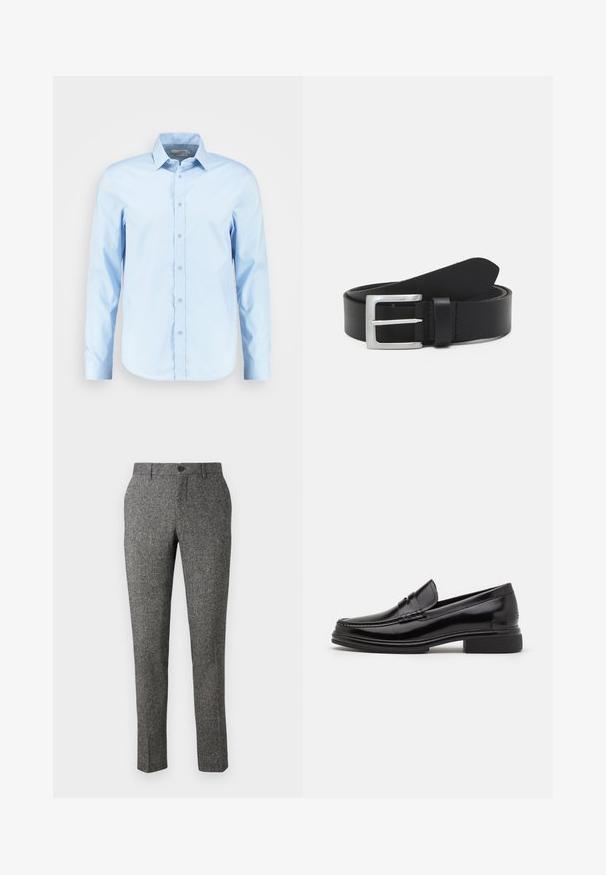 Helles blaues Langarm-Hemd mit Knopfleiste, aus glattem Stoff gefertigt, mit spitzem Kragen, Vorderknopfleiste und abgerundetem Saum.; Lindbergh PANTS - Stoffhose - brown; Schwarze Lederloafers mit runder Zehenform, ausgestattet mit einer genähten Detail über dem Vorderschaft und einem niedrigen Blockabsatz. Glatte Textur und glänzende Oberfläche.; Schwarzer Leder Gürtel mit glatter Textur, silberner rechteckiger Schnalle und einer Schlaufe für das Ende. Verfügt über eine saubere Naht entlang der Kanten.