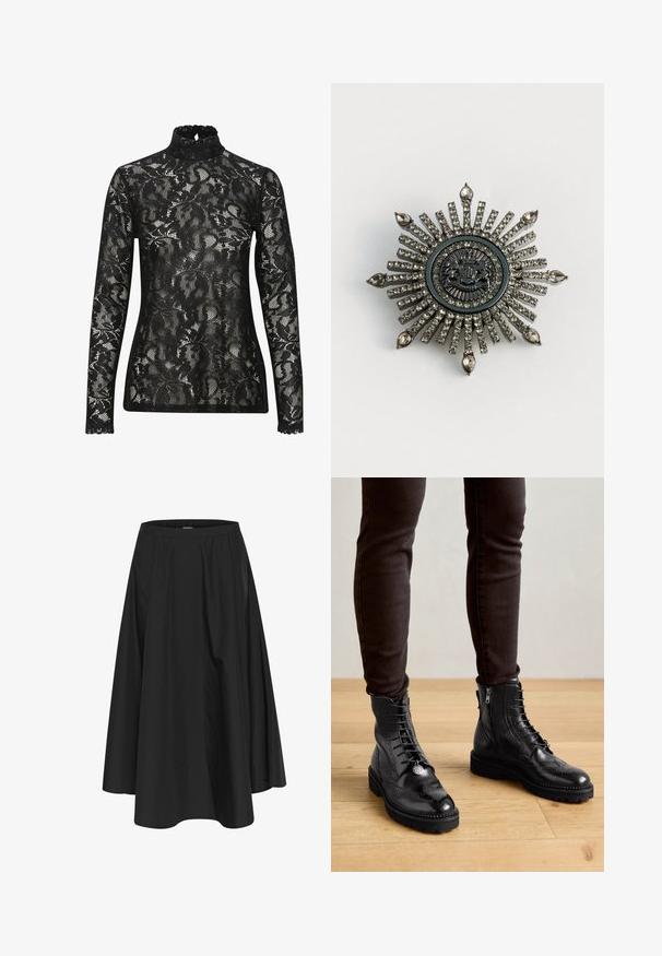 Sort blondelace turtleneck top med lange ærmer, der har et indviklet blomstermønster og en bølget halsudskæring. Gennemsigtigt, struktureret stof.; Sort knælang nederdel med elastisk talje, der har plisseringer for volumen og en glat tekstur. Enkel, klassisk design uden udsmykninger.; Sorte læder ankelstøvler med brogue-detaljer, snørebånd foran, sideskafter og teksturerede gummisåler. Matchet med mørke slim-fit bukser.; Stjerneformet brosche i sølvfarvet metal med klare rhinsten. Det centrale design har et rundt emblem med indviklede detaljer.