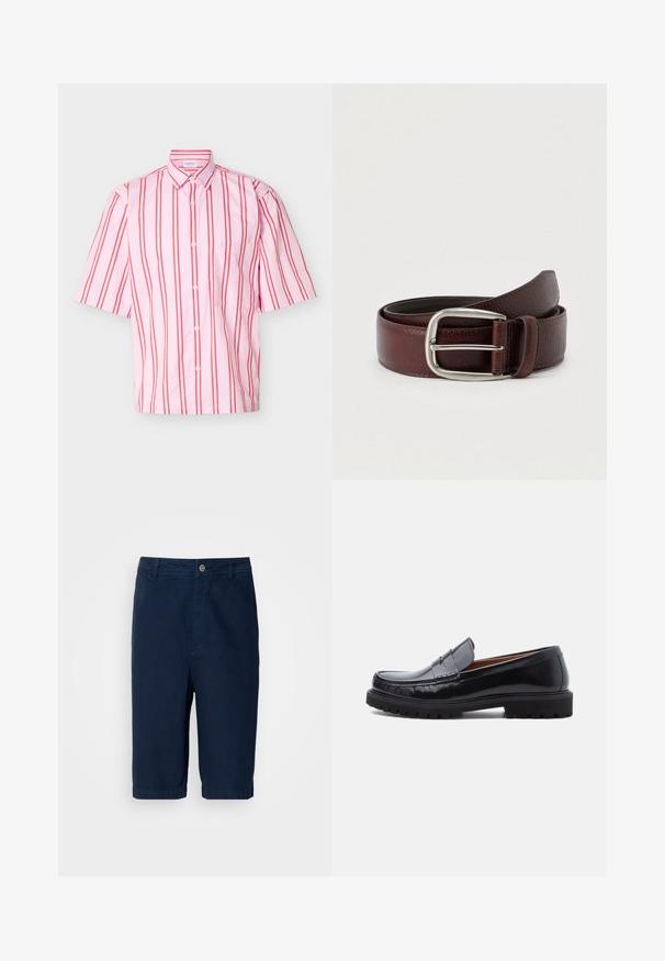 Korte mouwen overhemd met knopen, met roze en rode verticale strepen en een borstzakje, plat liggend op een witte achtergrond.; Marineblauwe shorts van katoenstof met een rechte snit, een knoopsluiting en riemlussen. Heeft omslagranden en twee zijzakken.; Zwarte leren penny loafer met chunky rubberen zool en moc-toe stiksel, in profiel weergegeven op een witte achtergrond.; Bruine leren riem met een gestructureerde afwerking, voorzien van een zilverkleurige metalen gesp en een enkele lus voor aanpassing. Geweven ontwerp nabij de gesp.