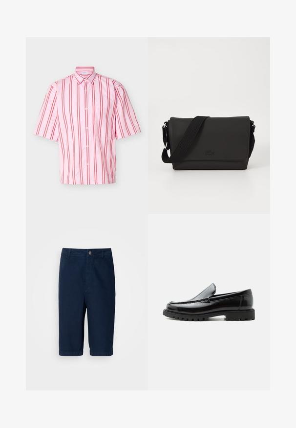 Korte mouwen overhemd met knopen, met roze en rode verticale strepen en een borstzakje, plat liggend op een witte achtergrond.; Marineblauwe shorts van katoenstof met een rechte snit, een knoopsluiting en riemlussen. Heeft omslagranden en twee zijzakken.; Zwarte leren loafer met dikke rubberen zool, gestikte bovenkant en gegraveerde merknaam op de hiel, zijaanzicht op witte achtergrond.; Lacoste MESSENGER BAG MEN CLASSIC - Schoudertas - noir