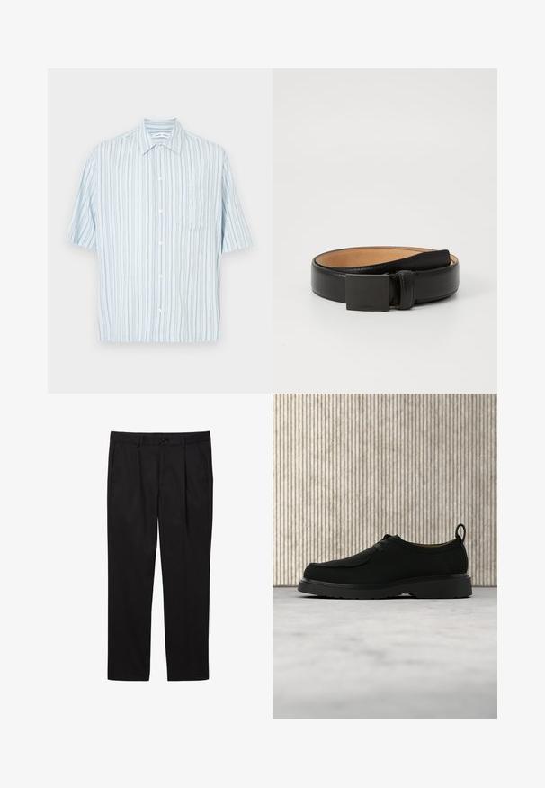 Chemise à manches courtes à boutons, bleu clair avec des rayures verticales et une poche poitrine. Confectionnée en tissu léger. Col de coupe standard.; Pantalons formels noirs pour hommes avec poches avant, passants pour ceinture, fermeture par bouton et coupe droite.; Chaussure décontractée en cuir noir avec lacets, semelle épaisse et languette de tirage, suspendue en l'air au-dessus d'un tapis beige avec un meuble arrondi marron en arrière-plan.; Ceinture en cuir noir avec une finition lisse, dotée d'une boucle rectangulaire en métal noir et d'une doublure intérieure beige. Design simple et classique.