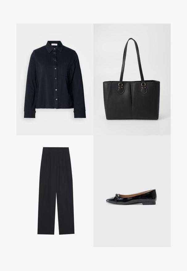 Schwarzes Baumwollhemd mit durchgeknöpftem Vorderteil, Kragen, langen Ärmeln und einer Brusttasche. Es verfügt über eine glatte Textur und ein strukturiertes Design.; Schwarze, weit geschnittene Hosen aus einem glatten Material, mit Falten, einem flachen Bund und ohne sichtbare Taschen oder Verzierungen.; Schwarze Lackleder-Ballerinas mit spitzer Zehenform, kleiner Schleifendetail an der Vorderseite und niedrigem, quadratischem Absatz. Glatte, glänzende Textur.; Schwarze Handtasche aus Kunstleder mit strukturierter Oberfläche, zwei langen Tragegriffen und goldfarbenen Hardware-Details an der Seite. Rechteckige Form.