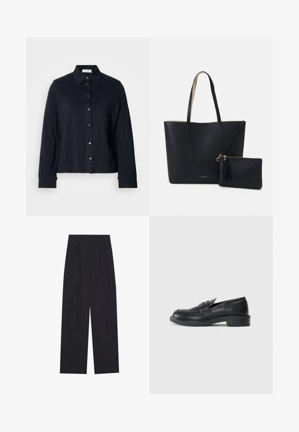 Camisa de algodón negra con cierre de botones en la parte delantera, cuello, mangas largas y un bolsillo en el pecho. Presenta una textura suave y un diseño estructurado.; Pantalones anchos negros de tela suave, con pliegues, cinturilla plana y sin bolsillos ni adornos visibles.; Mocasines de cuero negro con punta redondeada, detalles de costura y un pequeño tacón. Textura suave y suela de goma flexible.; Bolsa tote negra con material texturizado, dos asas largas y un bolso con cremallera removible que cuenta con un detalle de borlas. Logo de la marca en dorado visible.