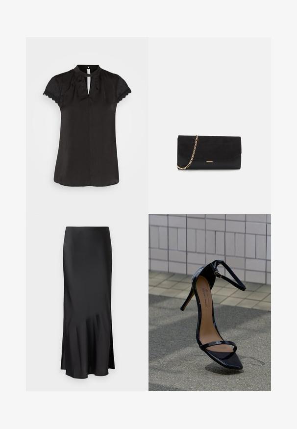 Sort bluse med høj hals og nøglehul detalje. Korte blondeærmer og en glat stoffinish. Simpelt design med en tætsiddende form.; Sort satin midi-skirt med et elegant design, der har en let flared kant og en sideslids for nem bevægelse. Glat tekstur.; Sort laklæder sandal med høje hæle, ankelrem, guldbeslag og spids tå, placeret oprejst på en flisebelagt og asfalt belægning.; Sort clutch taske lavet af ruskind med en struktureret overflade, udstyret med en guld kædestrop og et elegant, kantet design.