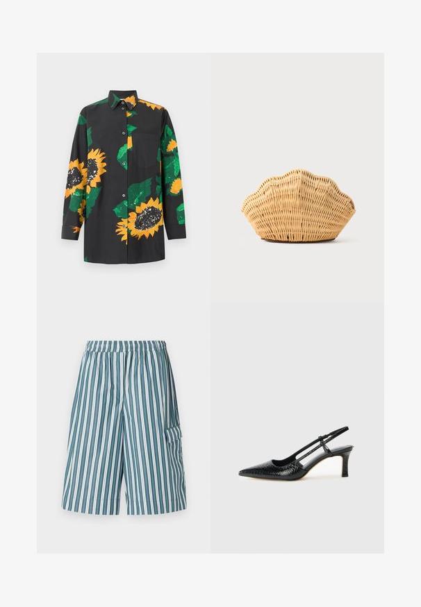 Camisa negra de manga larga con botones, estampada con grandes girasoles amarillos y hojas verdes. Un bolsillo en el pecho, del lado izquierdo.; Pantalones cortos a rayas con cintura elástica, con rayas verticales verdes, blancas y azules alternas, y un bolsillo lateral. Tejido ligero.; Tacón slingback negro de charol con punta afilada, que presenta un estampado de serpiente texturizado, correa ajustable y un tacón bloque corto y texturizado.; Bolso de mano de ratán tejido con forma de concha de vieira, de color marrón claro natural y bordes redondeados y texturizados.