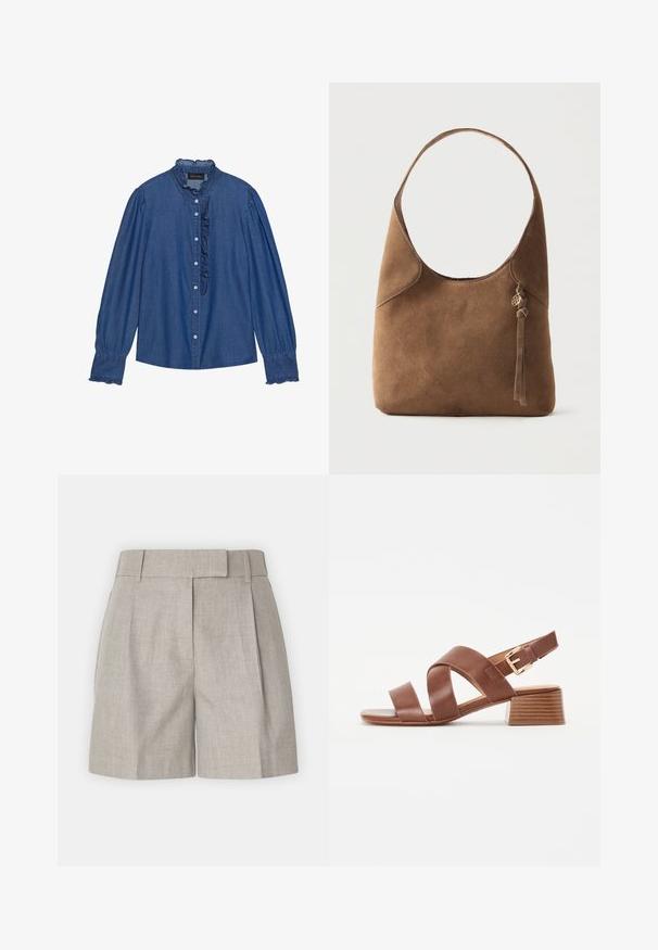 Denimskjorte i mørkeblå med lange puffede ærmer, en flæsekantet krave og en frontplacket med fem knapper. Accentuert med flæsebeskæringer.; Lysegrå shorts med struktureret talje, detaljerede folder og en afslappet pasform med en glat linnedtekstur. Enkelt og alsidigt design.; Brune læderhælede sandaler med et krydsrem-design og en spænde-lukning, med en blokhæle og en glat, tekstureret finish.; Brun ruskind skuldertaske med enkelt rem, buet top og en lille kvast med en guldbeklædning på siden mod en ensfarvet baggrund.