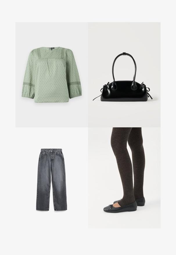 Hellgrüne Bluse aus weichgemachtem Stoff, mit einem strukturierten Muster, Rundhalsausschnitt und dreiviertellangen Ballonärmeln mit Spitzenakzenten.; Dunkelgraue Jeans mit weitem Bein, Vordertaschen, Gürtelschlaufen, Knopf- und Reißverschluss.; Beine in dunklen, gerippten Leggings kombiniert mit schwarzen Ballerinas mit kleinen Schleifendetails auf weißem Hintergrund.; Kleine schwarze glänzende Handtasche mit zwei langen Griffen und seitlichen Kordelzug-Details vor einfachem hellem Hintergrund.