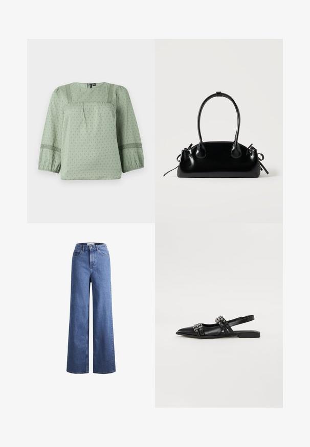 Hellgrüne Bluse aus weichgemachtem Stoff, mit einem strukturierten Muster, Rundhalsausschnitt und dreiviertellangen Ballonärmeln mit Spitzenakzenten.; Helleblaue Denim-Weite-Leg-Jeans mit hoher Taille, zwei vorderen Taschen und sichtbarer Naht. Mit Knopf- und Reißverschluss.; Even&Odd by Zalando Sling-Ballerina - black; Kleine schwarze glänzende Handtasche mit zwei langen Griffen und seitlichen Kordelzug-Details vor einfachem hellem Hintergrund.