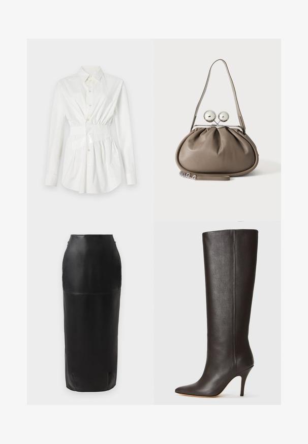 Chemise blanche à boutons avec manches longues, détail de taille cintrée et accent de ceinture brillante. Fabriquée en tissu lisse et léger.; Jupe midi en cuir noir avec une silhouette ajustée, texture lisse, taille haute et fermeture éclair discrète sur le côté. Aucun motif ni accent.; Botte en cuir noire, montée jusqu'au genou, avec un bout pointu, un design épuré et un fin talon haut. Texture lisse et minimalisme des détails.; Sac à main en cuir gris de forme arrondie, fermeture supérieure avec deux grandes sphères argentées, et une seule anse.