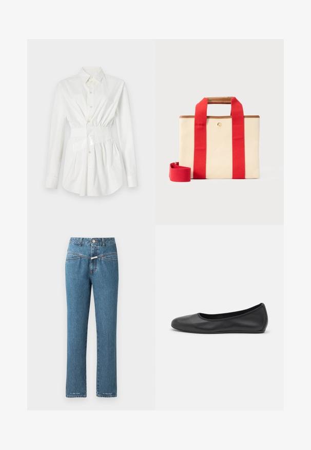 Hvid skjorte med lange ærmer, en tætsiddende taljedetalje og en blank bælteaccent. Fremstillet af glat, letvægtsstof.; CLOSED PEDAL PUSHER - Jeans Relaxed Fit - mid blue; Sort læderballetsko med rund tå, glat tekstur, minimal syning og et fleksibelt såldesign.; Beige rektangulær lærredstaske med brede røde stropper, brun læderkant og en aftagelig rød skulderrem på en lys baggrund.