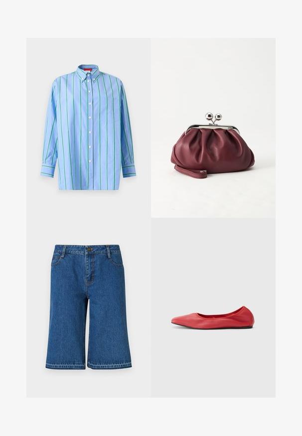 Lyseblå skjorte med lange ærmer med vertikale grønne og hvide striber, knappet krave og brystlomme.; Blå denimshorts med lige snit, som har en talje, fem lommer og diskrete syninger langs sømmene.; Filippa K REY FLATS - Ballerinasko - bright red; Lille bordeauxlæder clutch-pung med sølv metal lukning og håndledsrem på hvid baggrund.